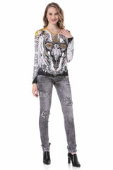 WL292 V Yaka  Desenli Ince Sweatshirt