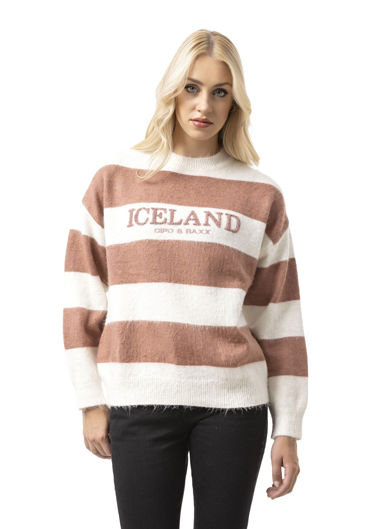 WP263 Kadın Örgü Kazak - "ICELAND Copenhagen Studios" Ön Baskılı Çizgili Kazak