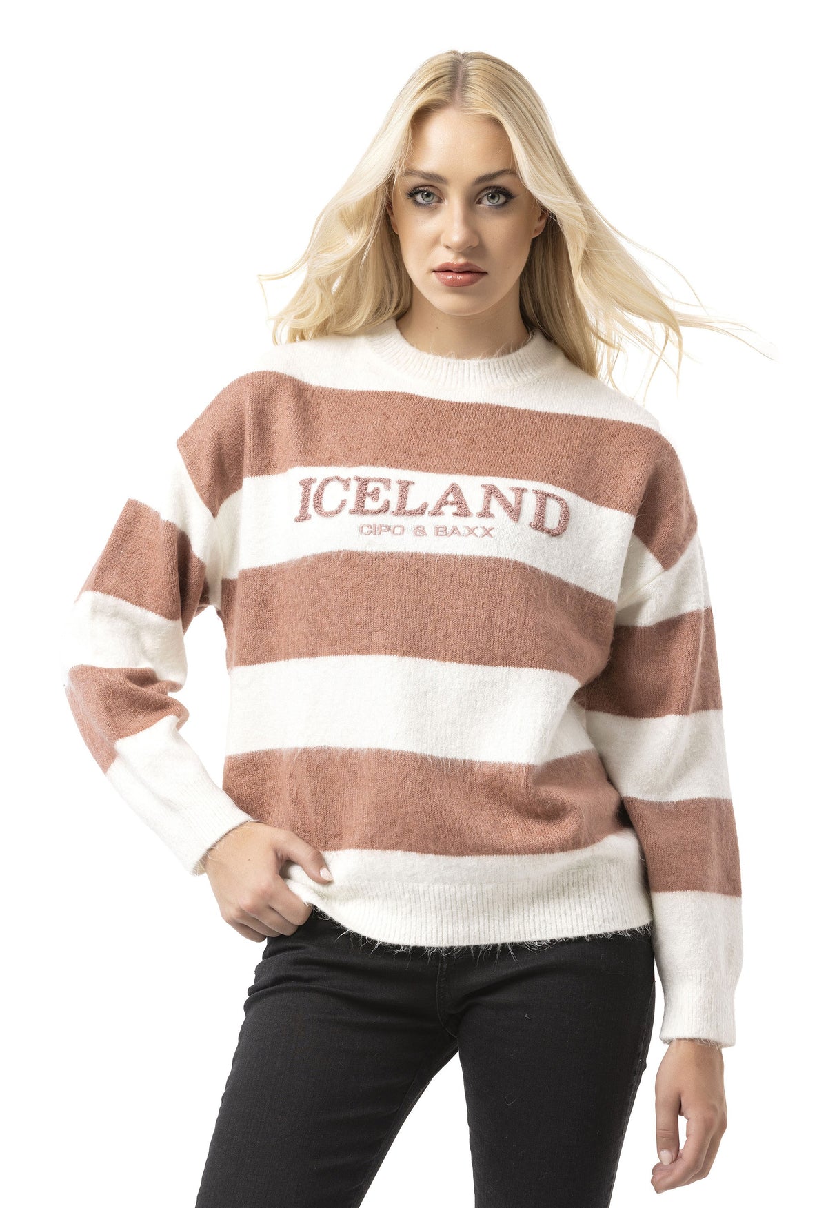 WP263 Kadın Örgü Kazak - "ICELAND Copenhagen Studios" Ön Baskılı Çizgili Kazak