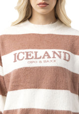 WP263 Kadın Örgü Kazak - "ICELAND Copenhagen Studios" Ön Baskılı Çizgili Kazak