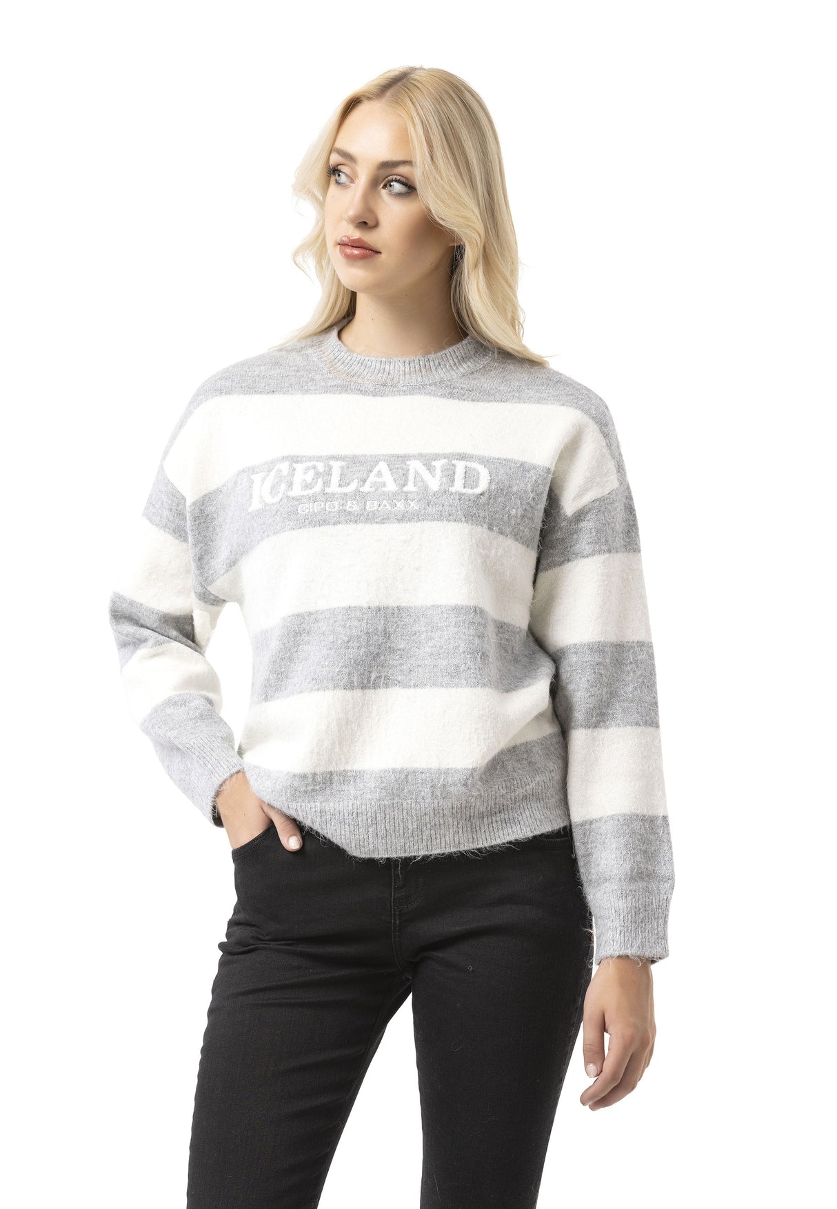 WP263 Kadın Örgü Kazak - "ICELAND Copenhagen Studios" Ön Baskılı Çizgili Kazak