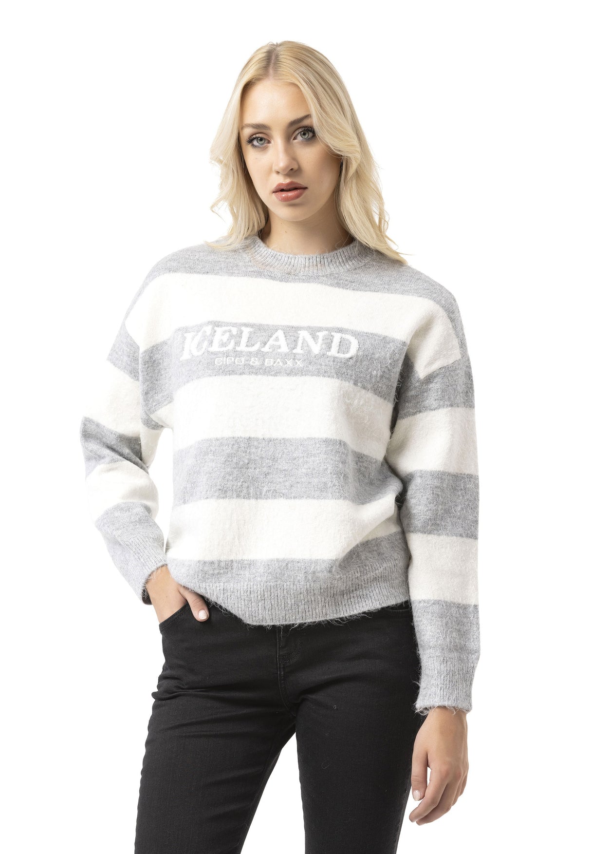 WP263 Kadın Örgü Kazak - "ICELAND Copenhagen Studios" Ön Baskılı Çizgili Kazak
