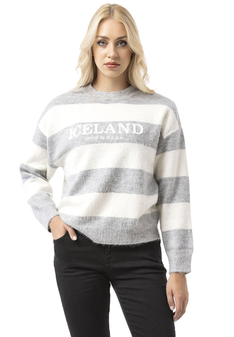 WP263 Kadın Örgü Kazak - "ICELAND Copenhagen Studios" Ön Baskılı Çizgili Kazak