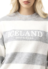 WP263 Kadın Örgü Kazak - "ICELAND Copenhagen Studios" Ön Baskılı Çizgili Kazak