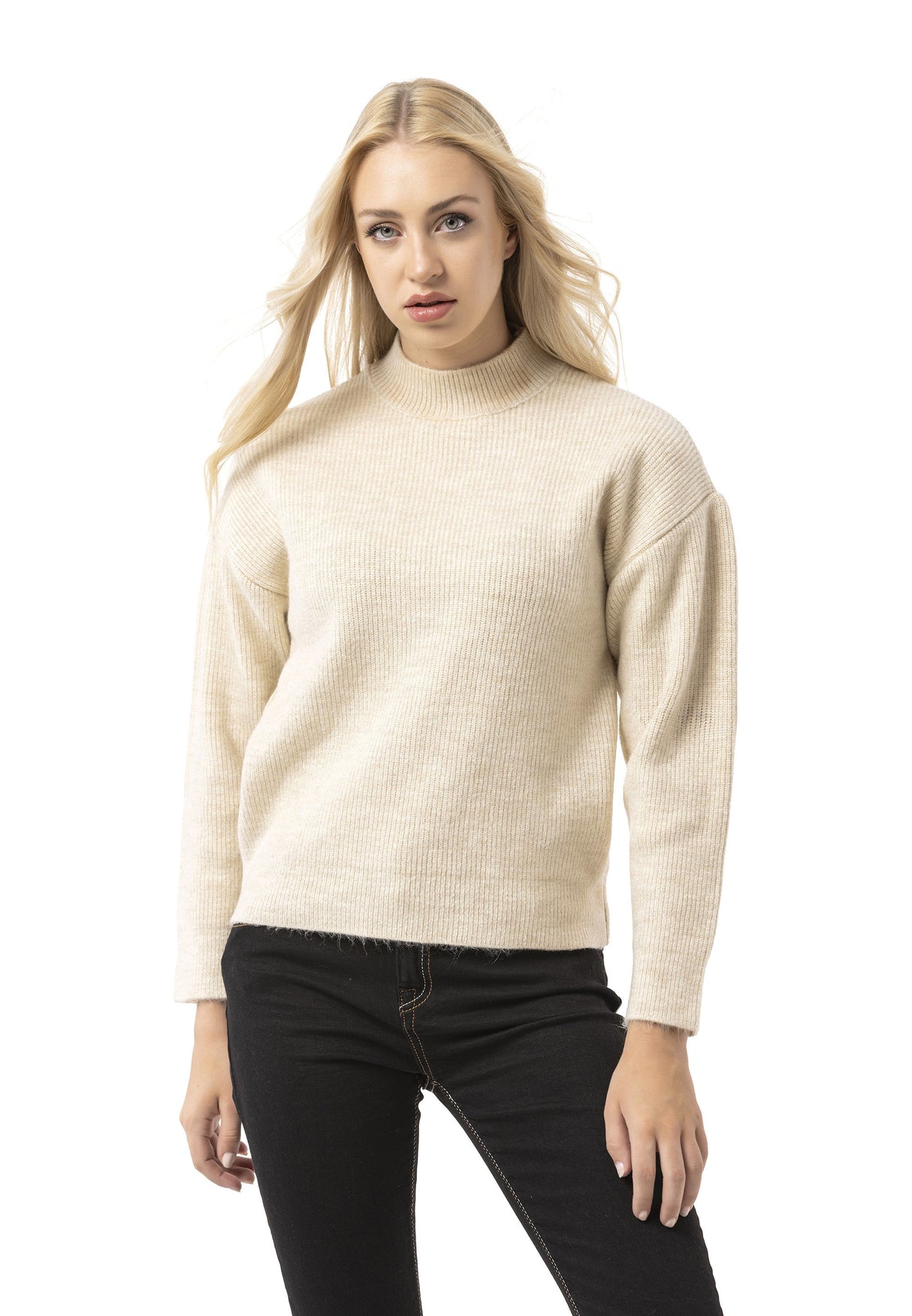 WP262 Women's Knit Sweater – Ribbed Sweater with Stand-Up Collar & Relaxed Fit