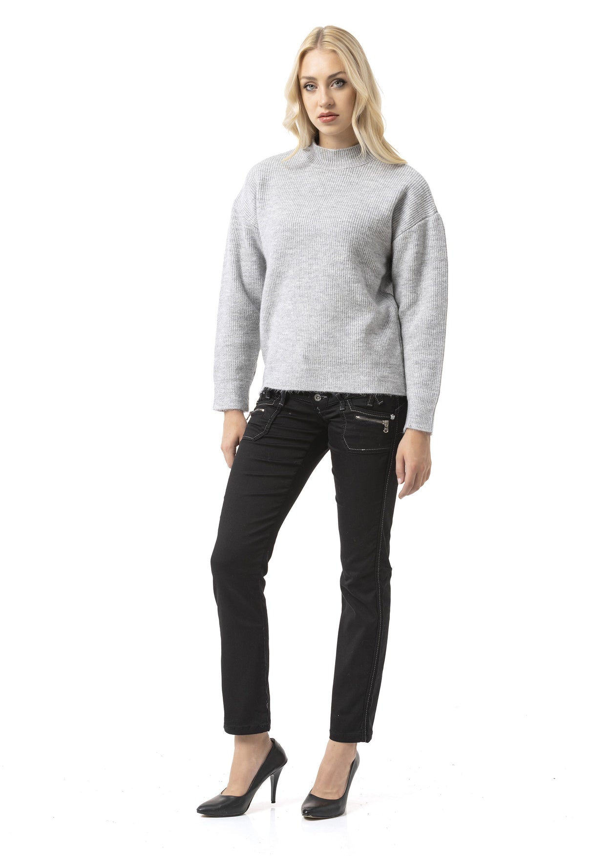 WP262 Women's Knit Sweater – Ribbed Sweater with Stand-Up Collar & Relaxed Fit