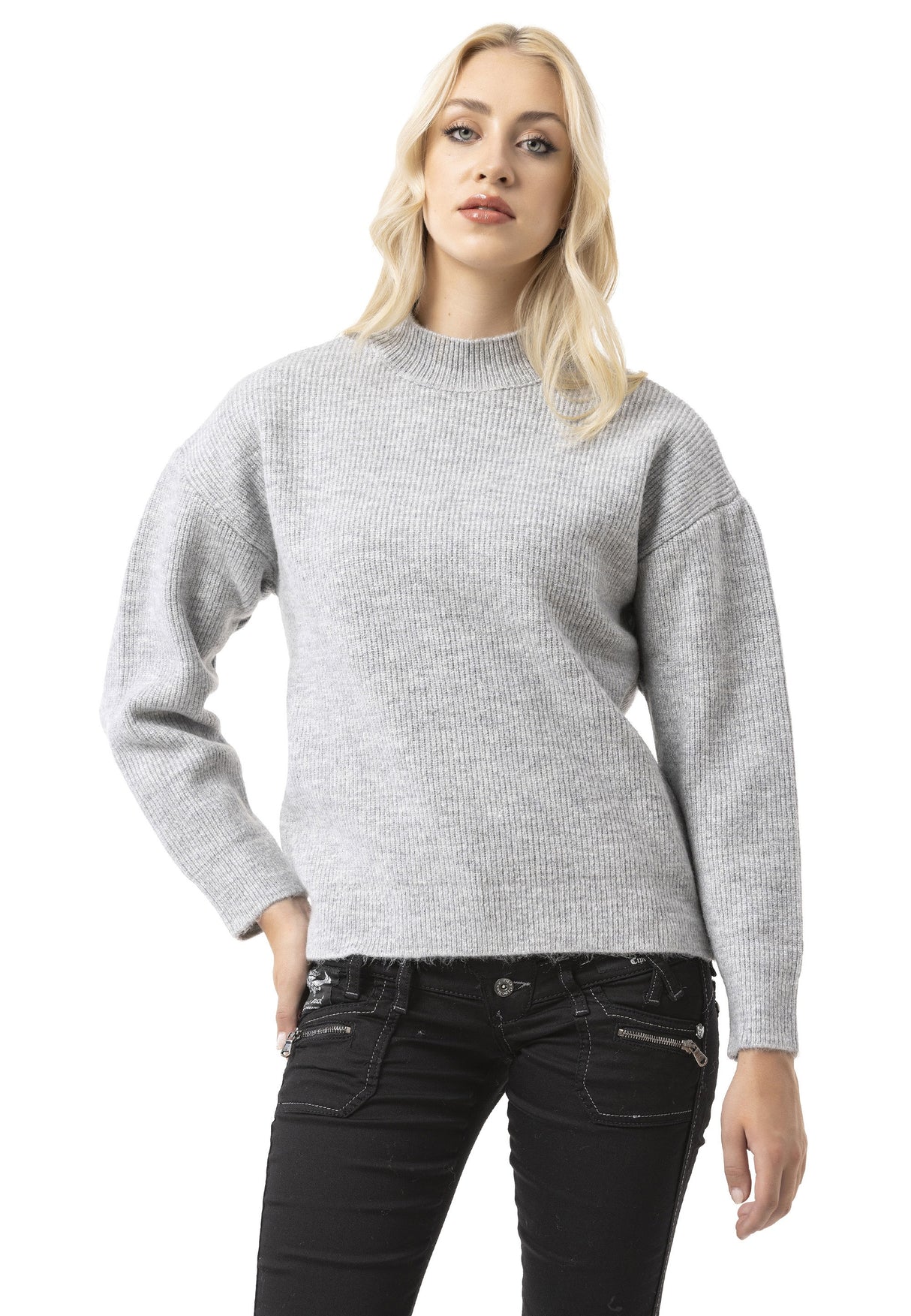 WP262 Women's Knit Sweater – Ribbed Sweater with Stand-Up Collar & Relaxed Fit