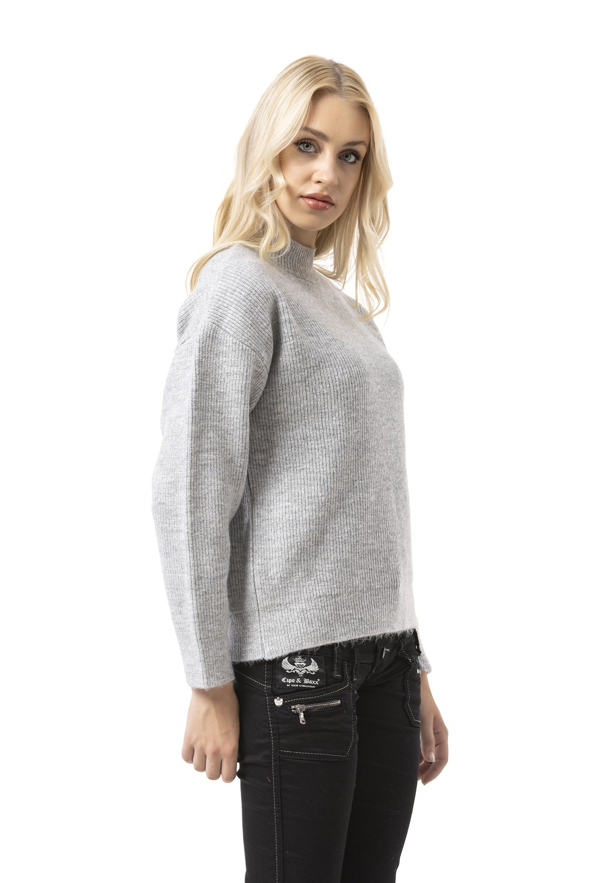 WP262 Women's Knit Sweater – Ribbed Sweater with Stand-Up Collar & Relaxed Fit