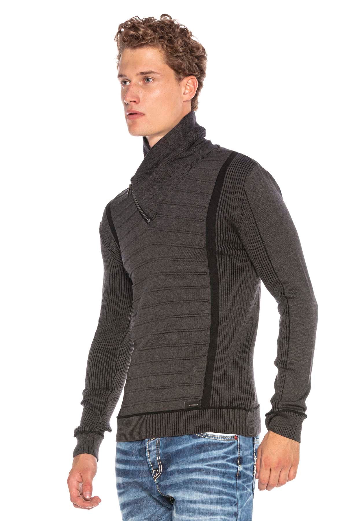 CP227 Fermuarlı Şal Yaka Çizgili Slim Fit Kazak