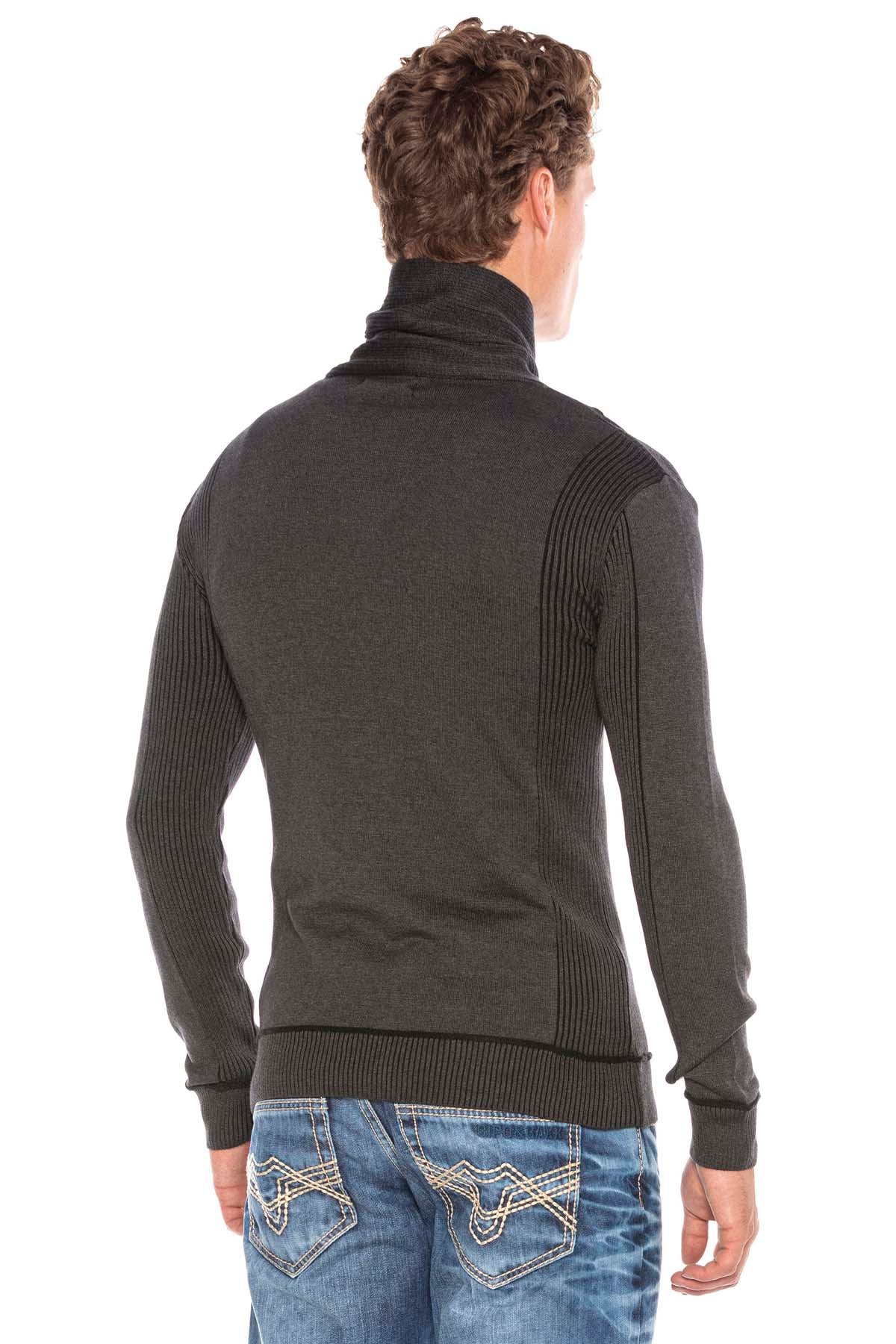 CP227 Fermuarlı Şal Yaka Çizgili Slim Fit Kazak