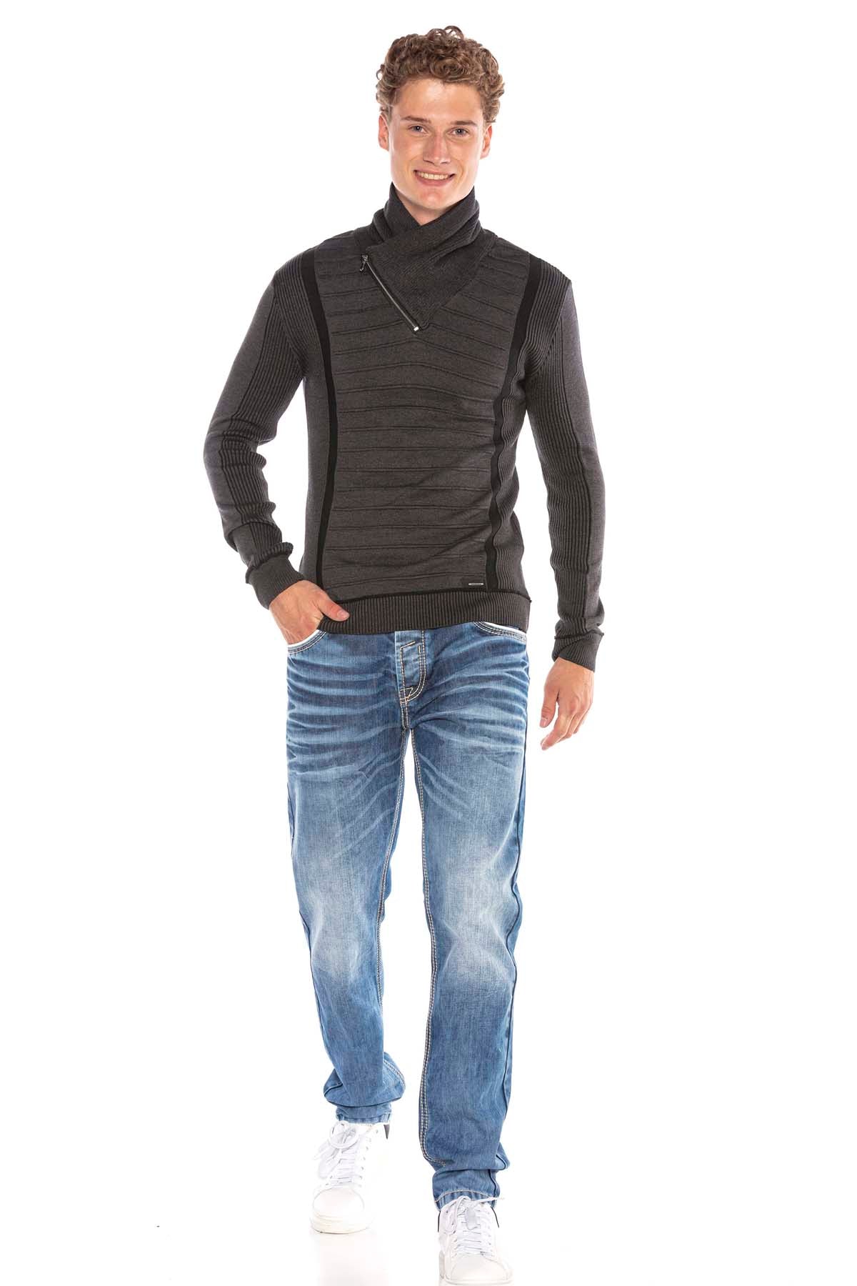 CP227 Fermuarlı Şal Yaka Çizgili Slim Fit Kazak