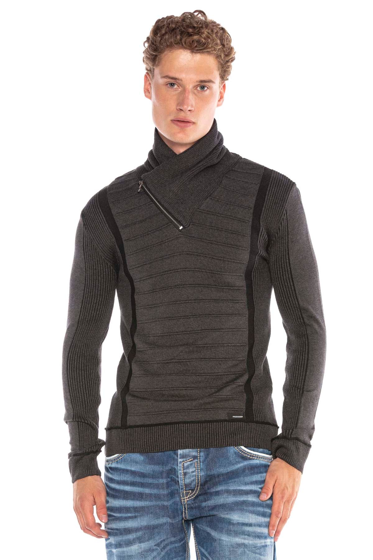 CP227 Fermuarlı Şal Yaka Çizgili Slim Fit Kazak