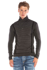 CP227 Fermuarlı Şal Yaka Çizgili Slim Fit Kazak