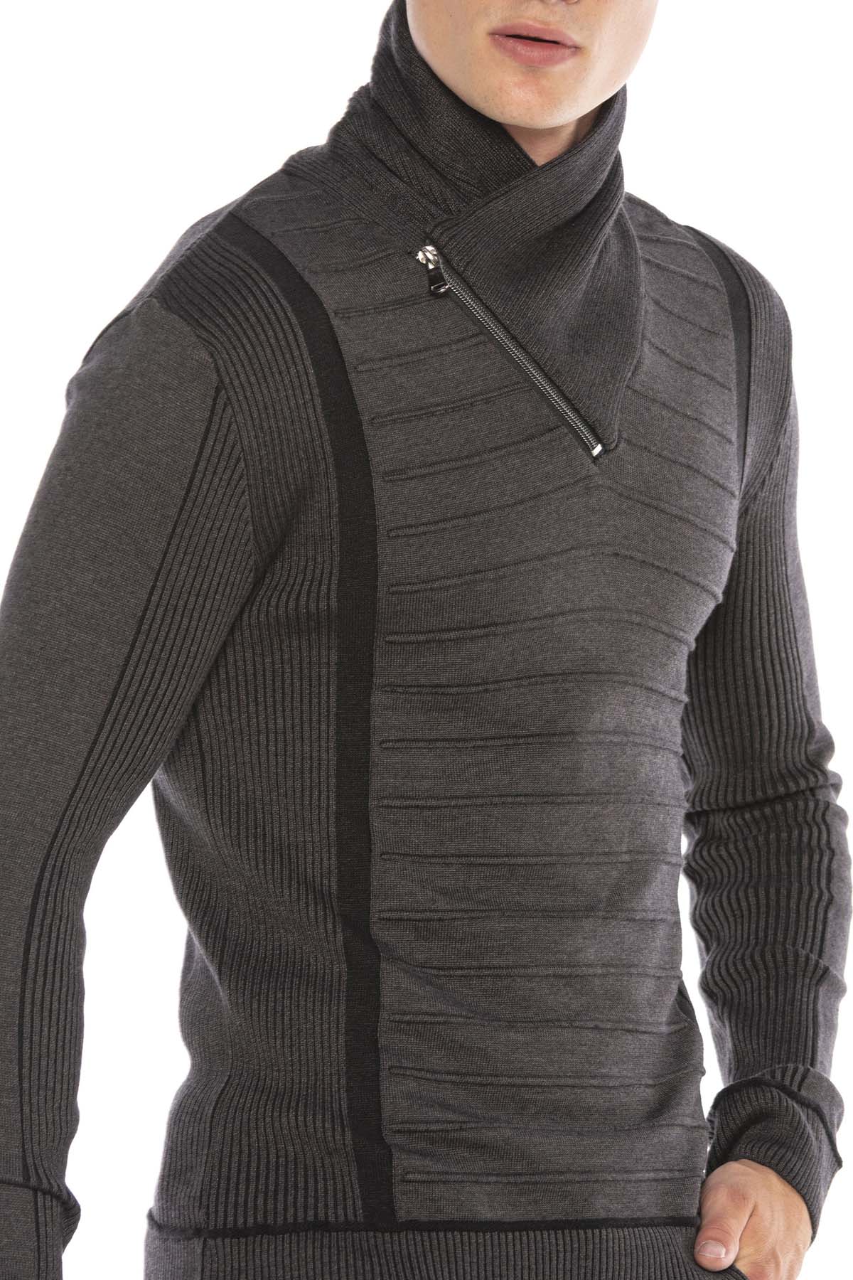 CP227 Fermuarlı Şal Yaka Çizgili Slim Fit Kazak