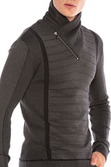 CP227 Fermuarlı Şal Yaka Çizgili Slim Fit Kazak