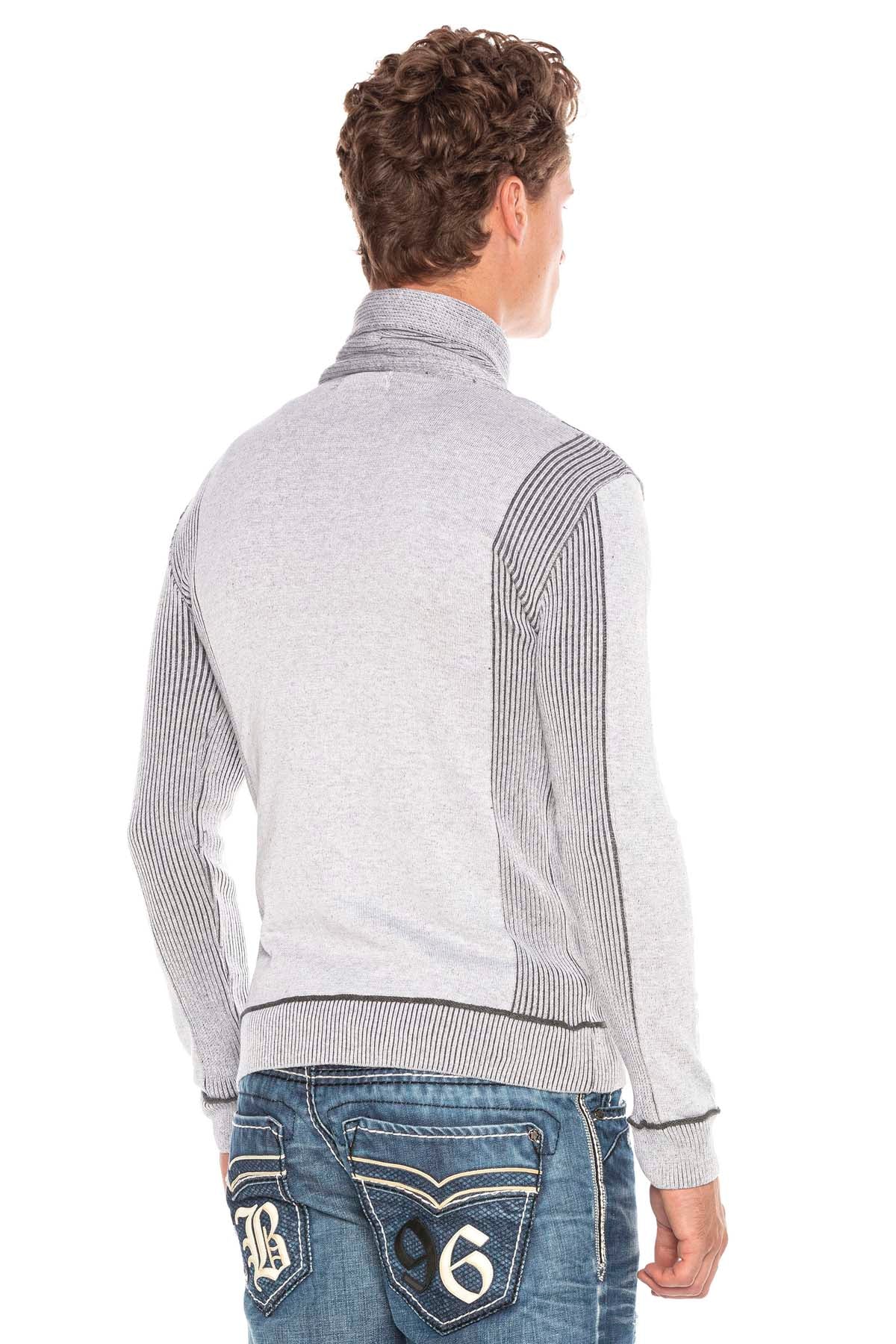 CP227 Fermuarlı Şal Yaka Çizgili Slim Fit Kazak