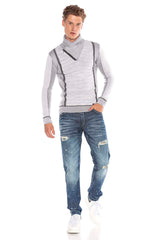 CP227 Fermuarlı Şal Yaka Çizgili Slim Fit Kazak