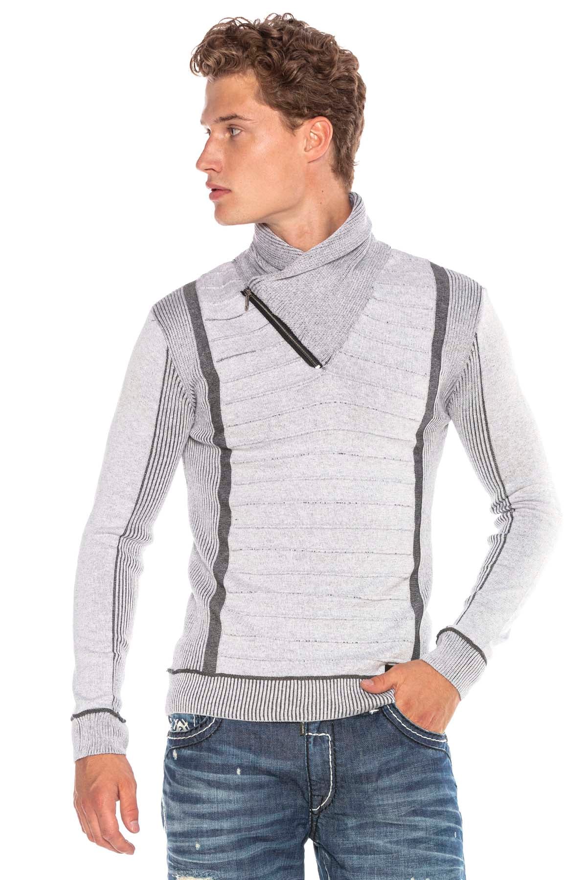 CP227 Fermuarlı Şal Yaka Çizgili Slim Fit Kazak