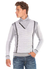 CP227 Fermuarlı Şal Yaka Çizgili Slim Fit Kazak