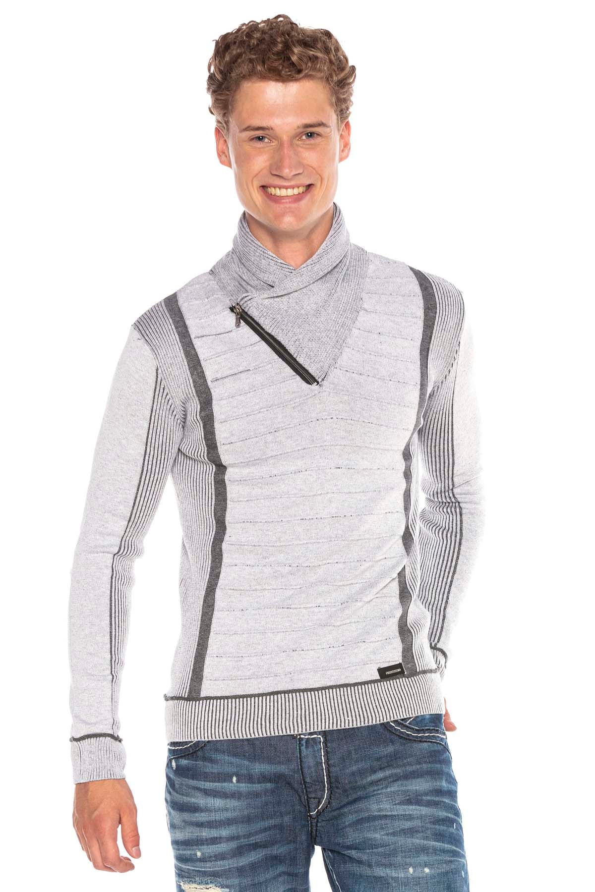 CP227 Fermuarlı Şal Yaka Çizgili Slim Fit Kazak