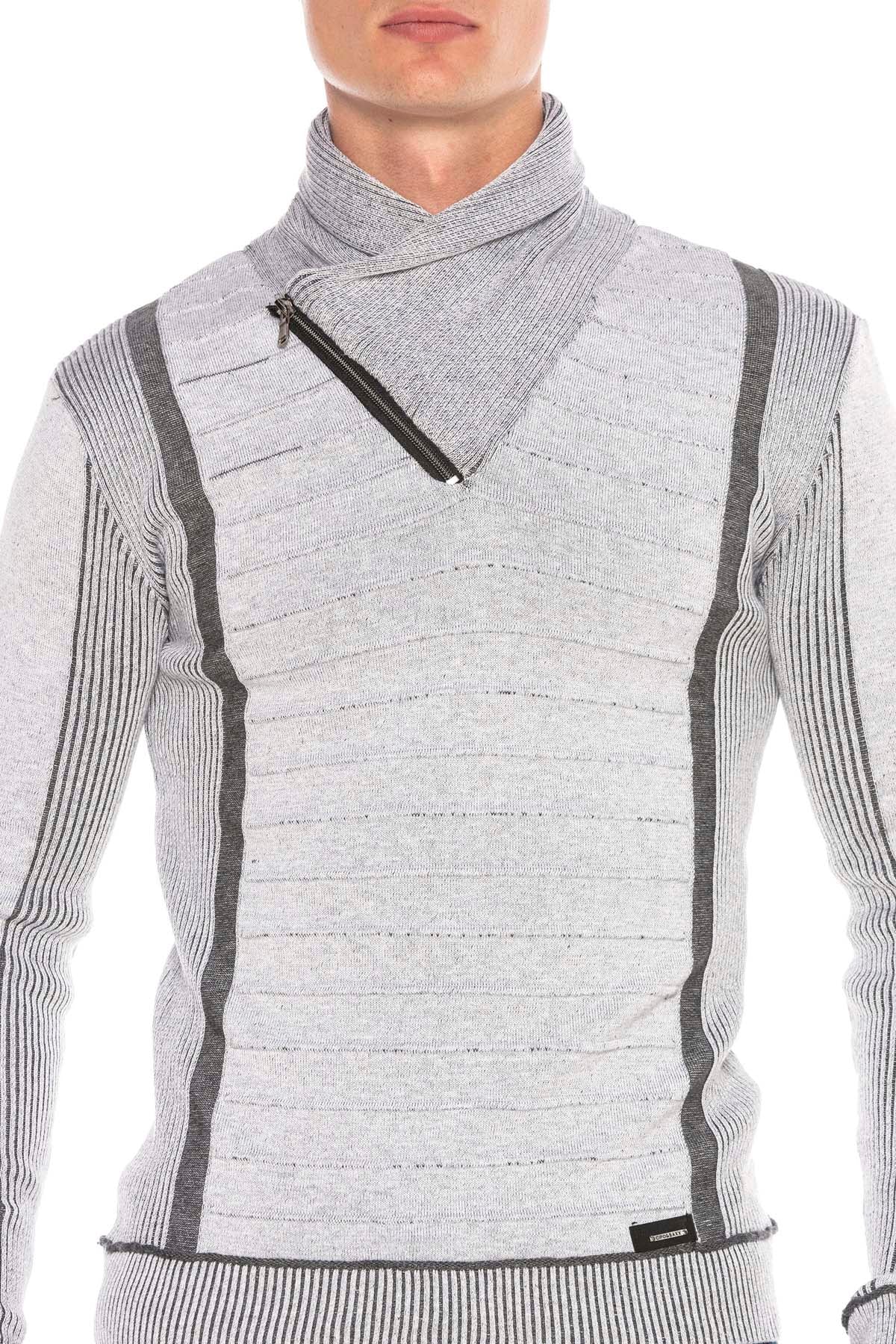 CP227 Fermuarlı Şal Yaka Çizgili Slim Fit Kazak