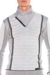 CP227 Fermuarlı Şal Yaka Çizgili Slim Fit Kazak