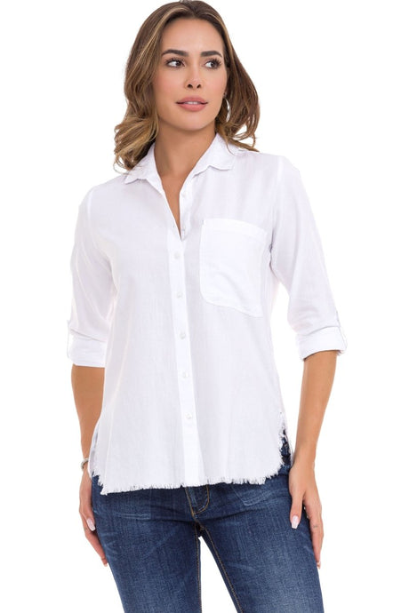 WH124 Yırtık Detaylı Keten  Kadın Gömlek