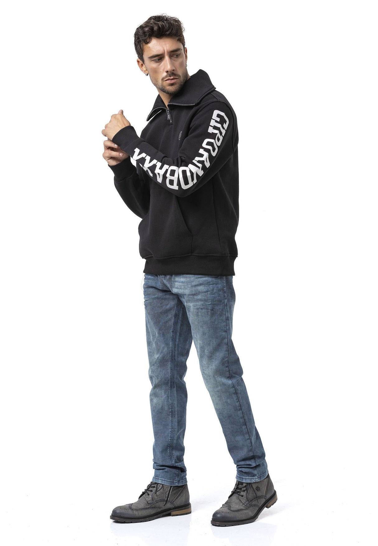 CL605 Erkek Yarım Fermuarlı Sweatshirt "LEGENDARY" Kol Baskılı ve Göğüs Logolu Kazak