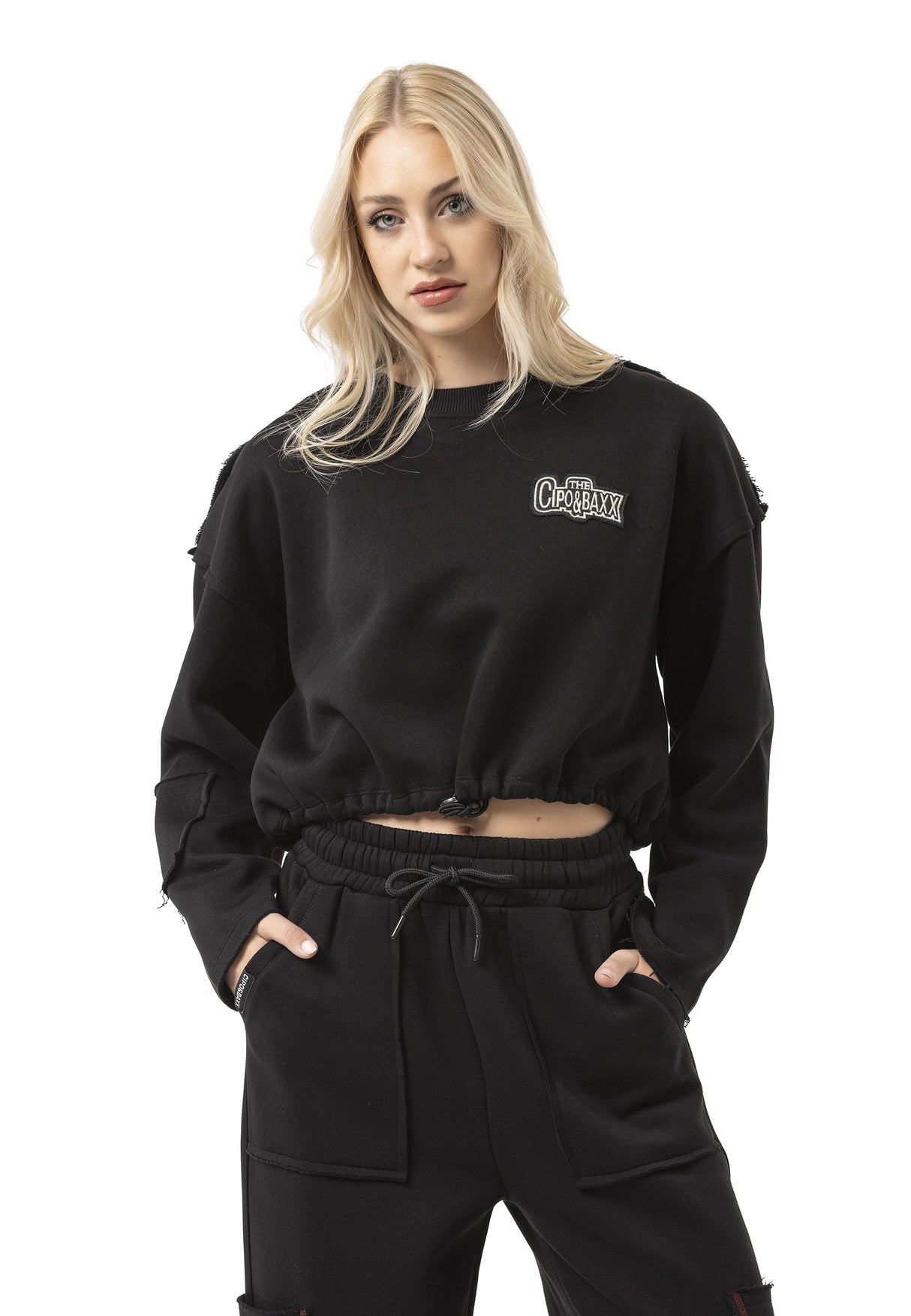 WL370 Kadın Kısa Sweatshirt - Bağcıklı ve Logo Baskılı Siyah Kısa Kazak