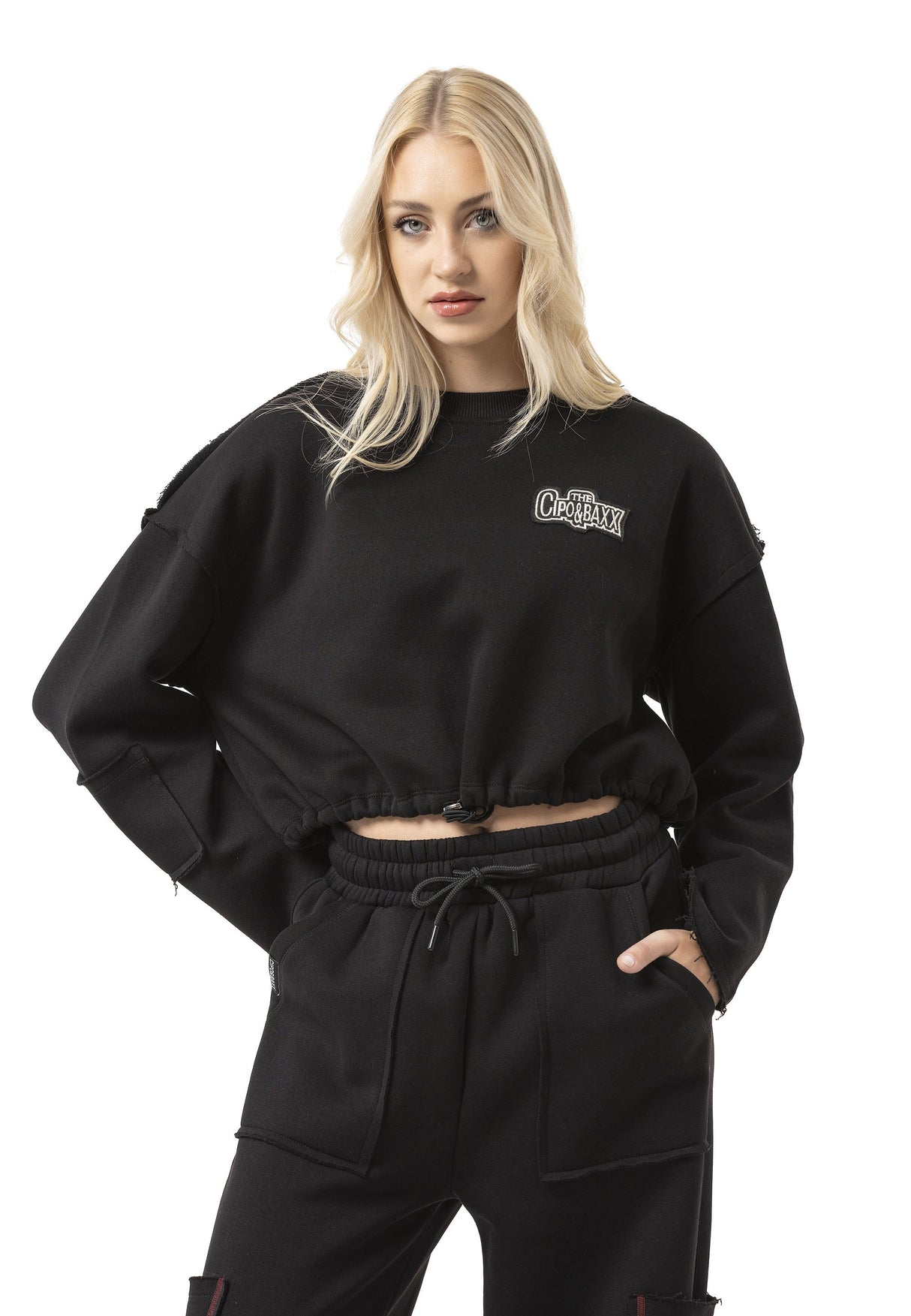 WL370 Kadın Kısa Sweatshirt - Bağcıklı ve Logo Baskılı Siyah Kısa Kazak