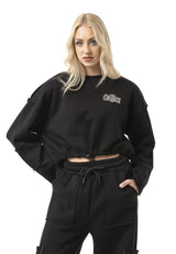 WL370 Kadın Kısa Sweatshirt - Bağcıklı ve Logo Baskılı Siyah Kısa Kazak