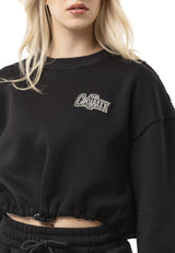 WL370 Kadın Kısa Sweatshirt - Bağcıklı ve Logo Baskılı Siyah Kısa Kazak
