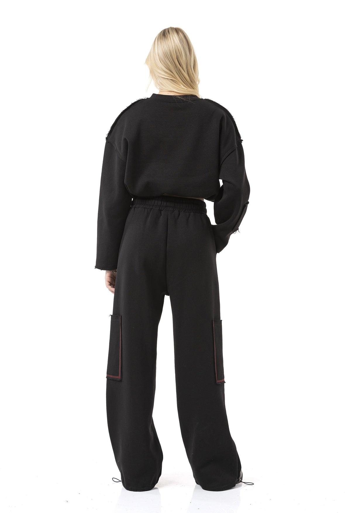 WL370 Kadın Kısa Sweatshirt - Bağcıklı ve Logo Baskılı Siyah Kısa Kazak