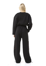 WL370 Kadın Kısa Sweatshirt - Bağcıklı ve Logo Baskılı Siyah Kısa Kazak