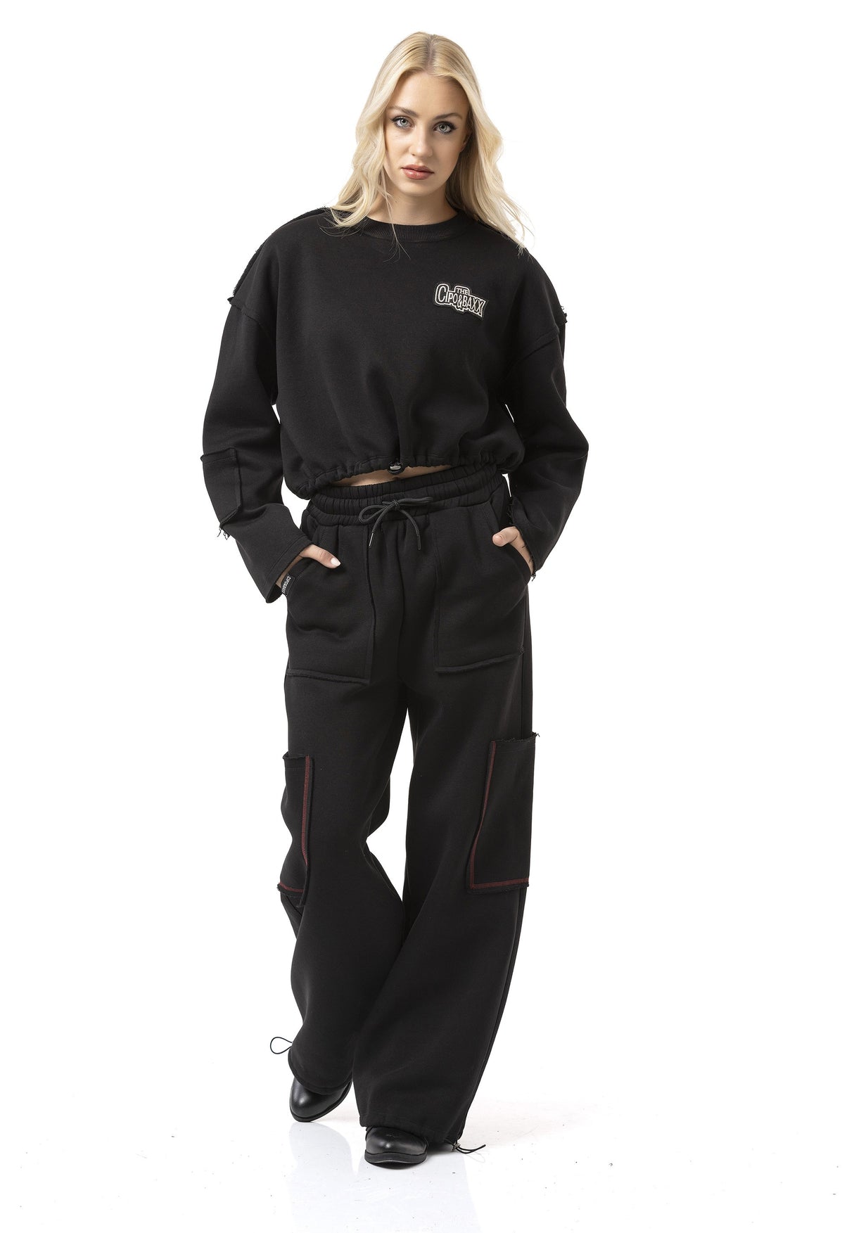 WL370 Kadın Kısa Sweatshirt - Bağcıklı ve Logo Baskılı Siyah Kısa Kazak