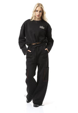 WL370 Kadın Kısa Sweatshirt - Bağcıklı ve Logo Baskılı Siyah Kısa Kazak