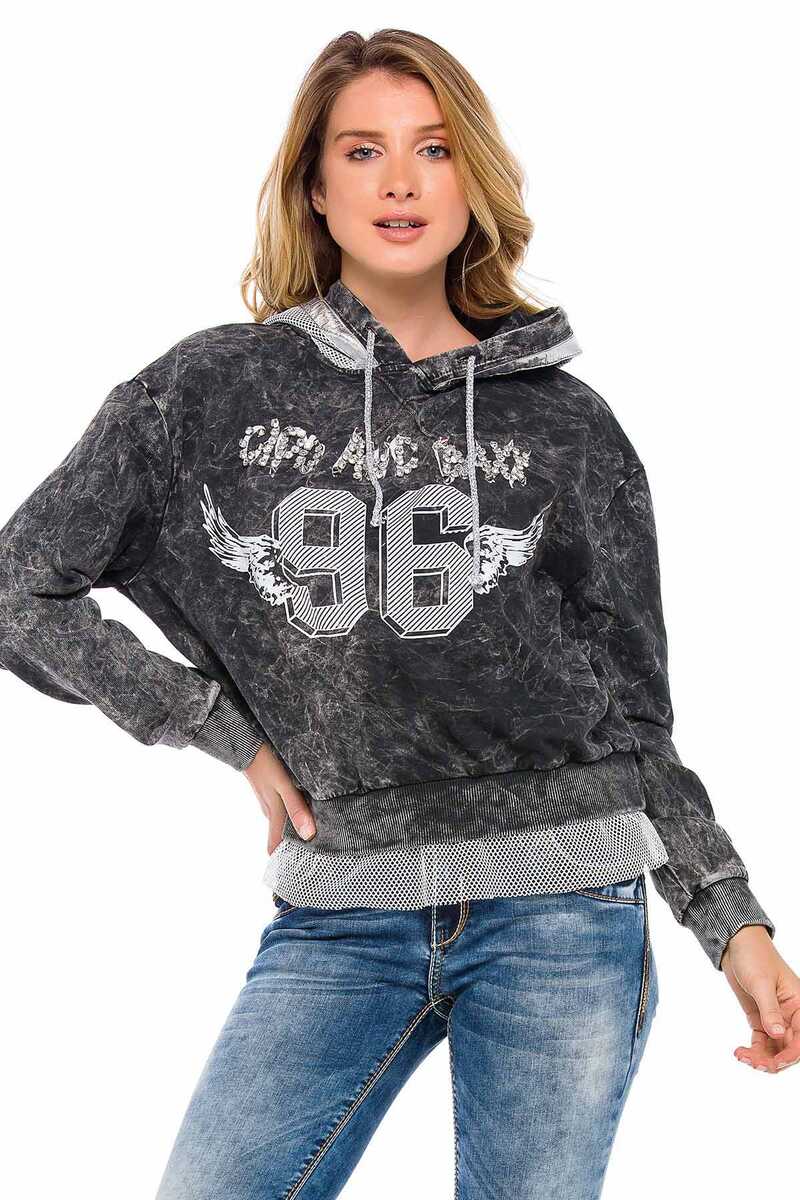 WL207 Kadın Taşlı Kapşonlu Tül Detaylı Sweatshirt