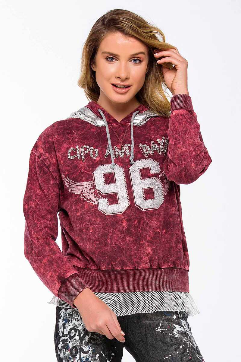 WL207 Kadın Taşlı Kapşonlu Tül Detaylı Sweatshirt