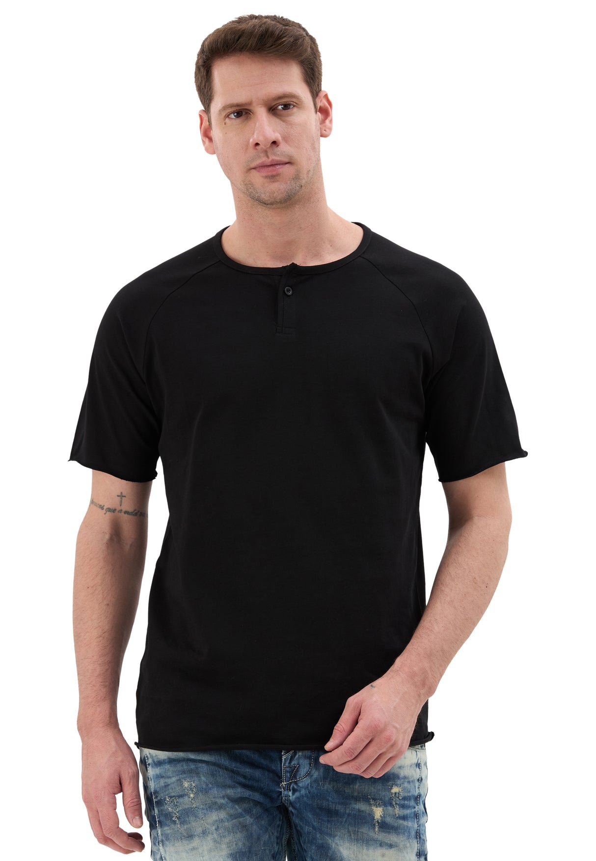 Erkek Siyah Regular Fit Bisiklet Yaka Düğmeli Pamuklu Kısa Kollu Basic Tişört CT857