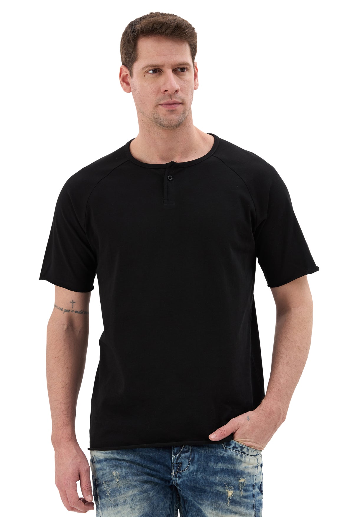 Erkek Siyah Regular Fit Bisiklet Yaka Düğmeli Pamuklu Kısa Kollu Basic Tişört CT857