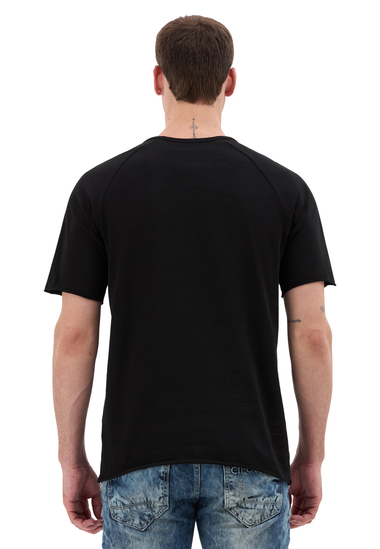 Erkek Siyah Regular Fit Bisiklet Yaka Düğmeli Pamuklu Kısa Kollu Basic Tişört CT857