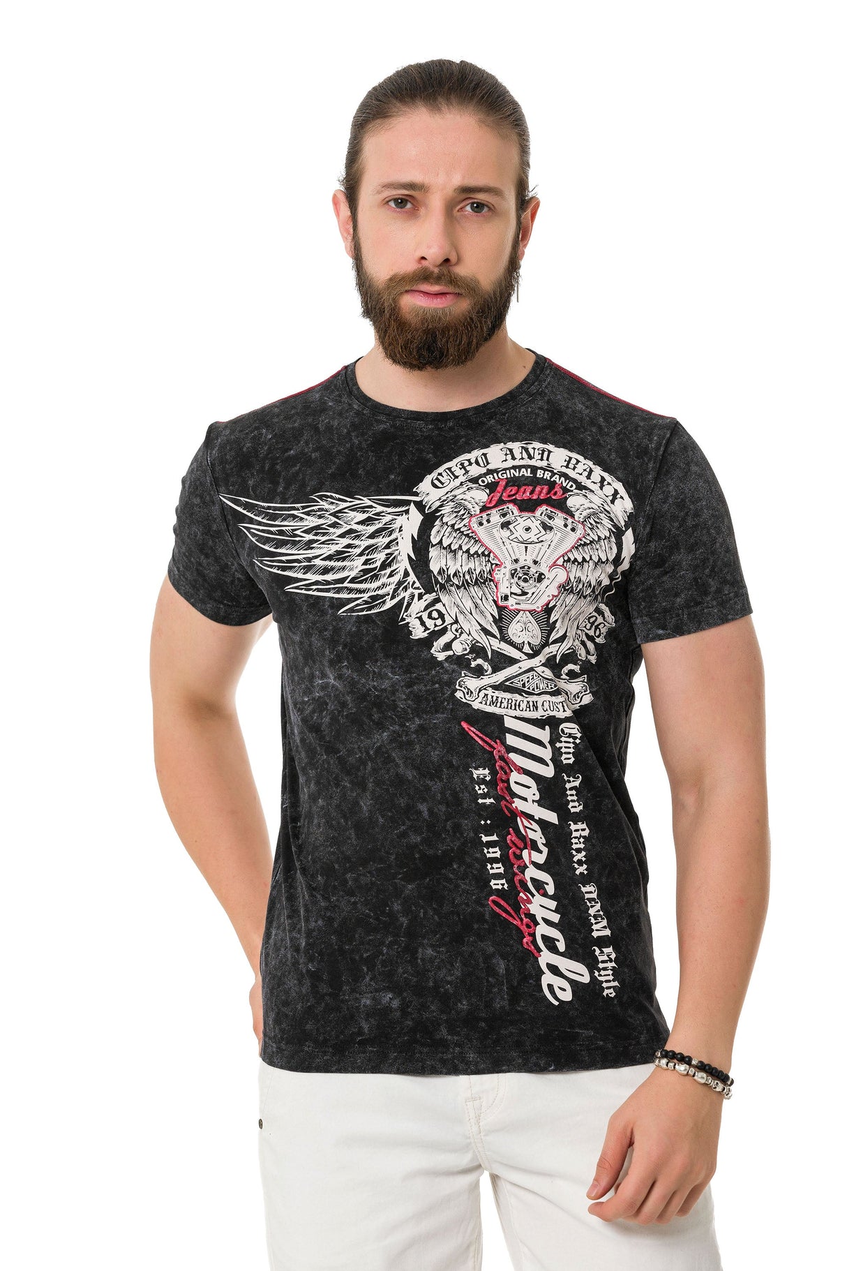 CT769 Biker Tarz Yıkanmış Kumaşlı Tişört