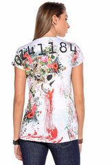 WT286 Çiçekli Kuru Kafa Lazer Baskı  Kadın Tişört