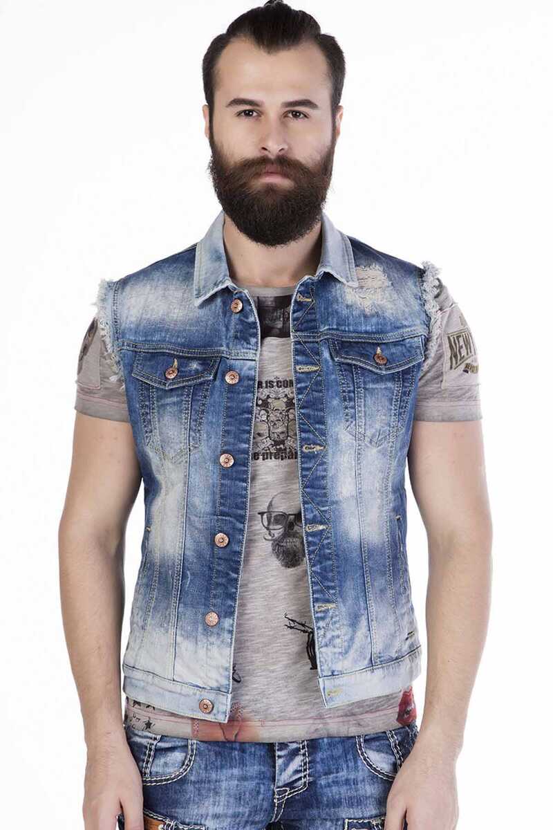 CW107 Eskitilmiş Tarzda Denim Kolsuz Ceket