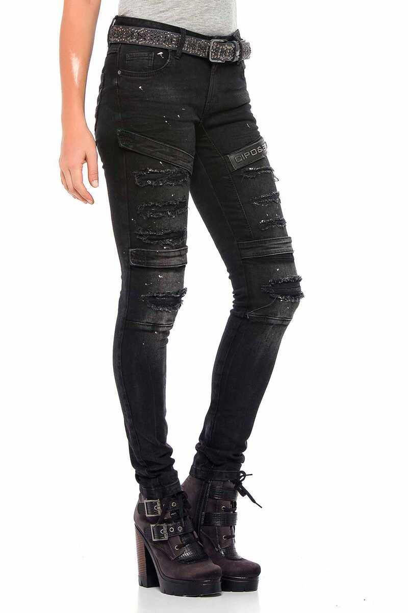 WD383 Yırtık Motorcu Stil Skinny Jean Pantolon