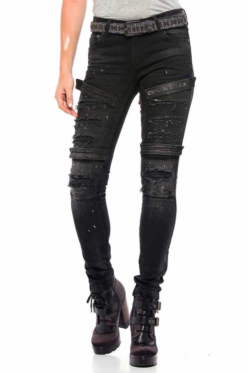 WD383 Yırtık Motorcu Stil Skinny Jean Pantolon