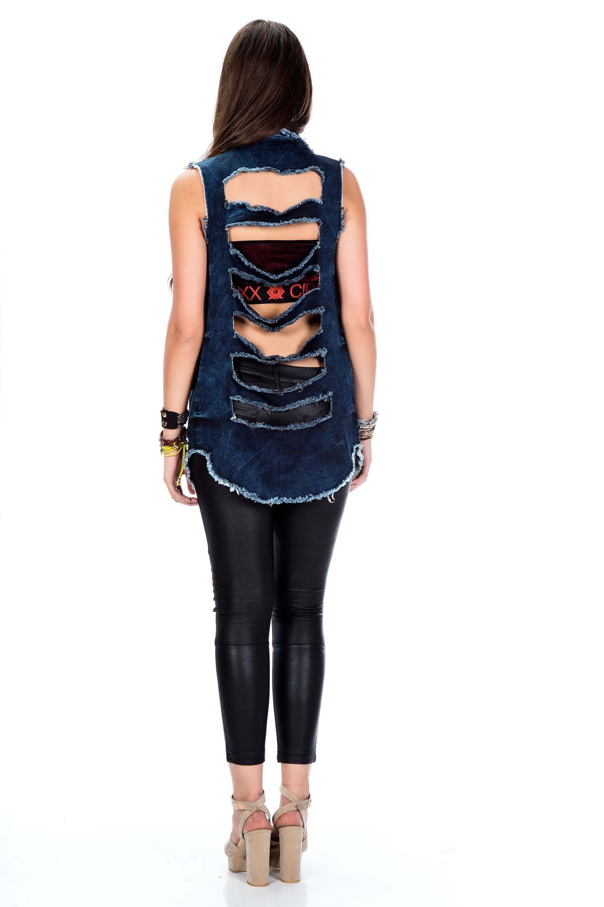 Kadın Mavi Denim Yelek Taş İşlemeli Yırtık Detaylı Slim Fit Kot Yelek WH106