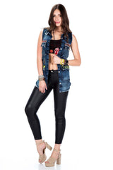Kadın Mavi Denim Yelek Taş İşlemeli Yırtık Detaylı Slim Fit Kot Yelek WH106