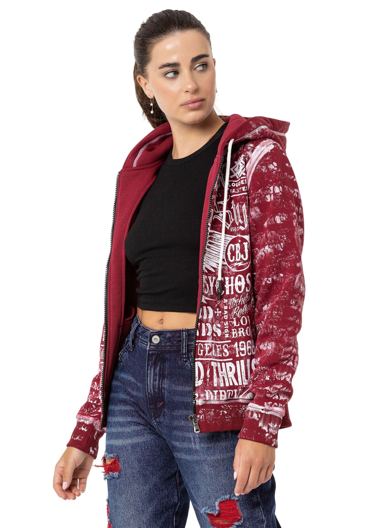 Kadın Grafik Baskılı Kapüşonlu Fermuarlı Sweatshirt WL352