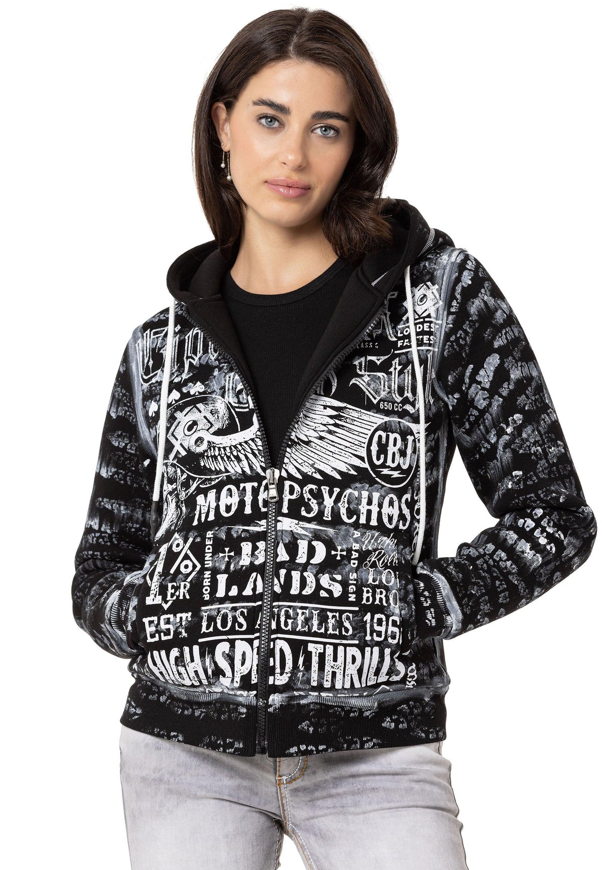 Kadın Grafik Baskılı Kapüşonlu Fermuarlı Sweatshirt WL352